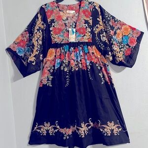 NWT Johnny Was Black Royal Easy and Blue Ruffled Midi Sundress (oversized)